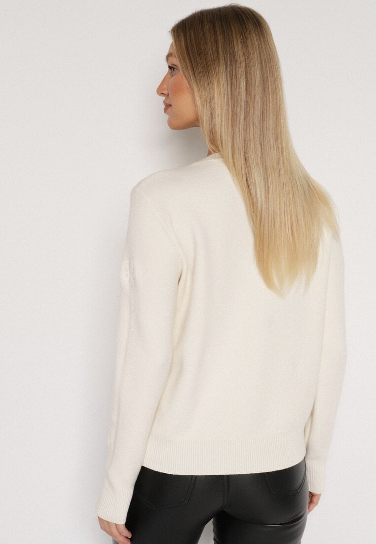 Beżowy Sweter z Wiskozą i Tłoczonymi Kwiatami Lanifera