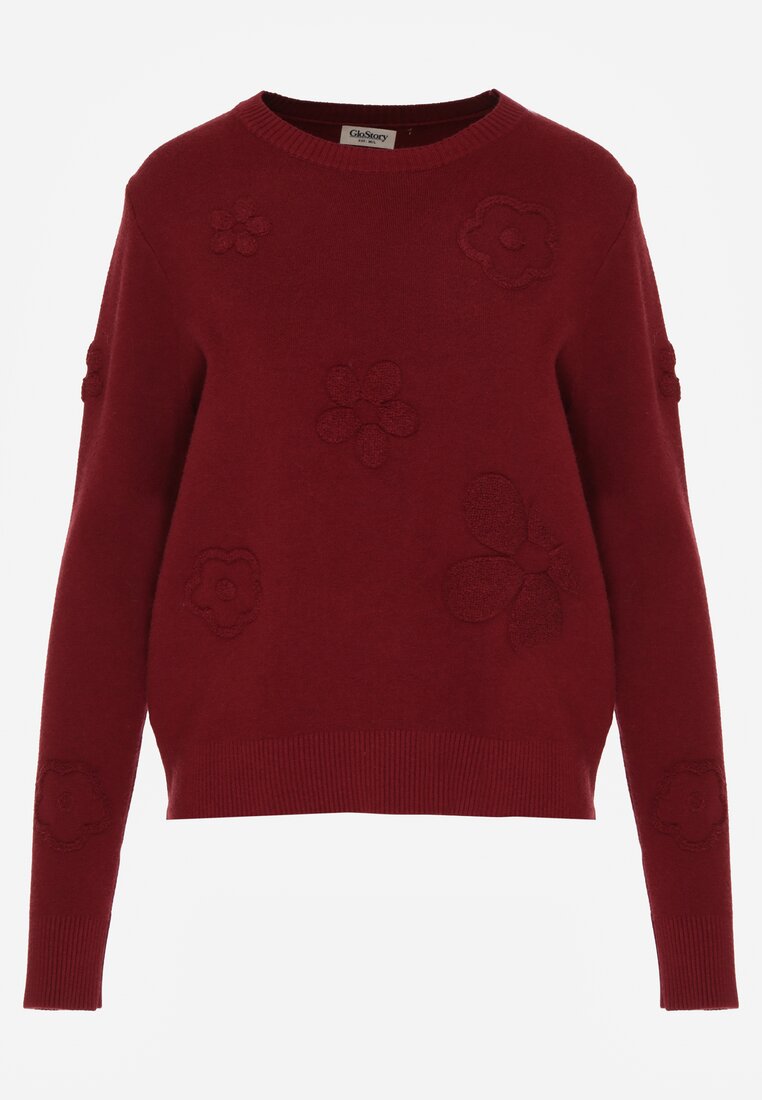 Bordowy Sweter z Wiskozą i Tłoczonymi Kwiatami Lanifera