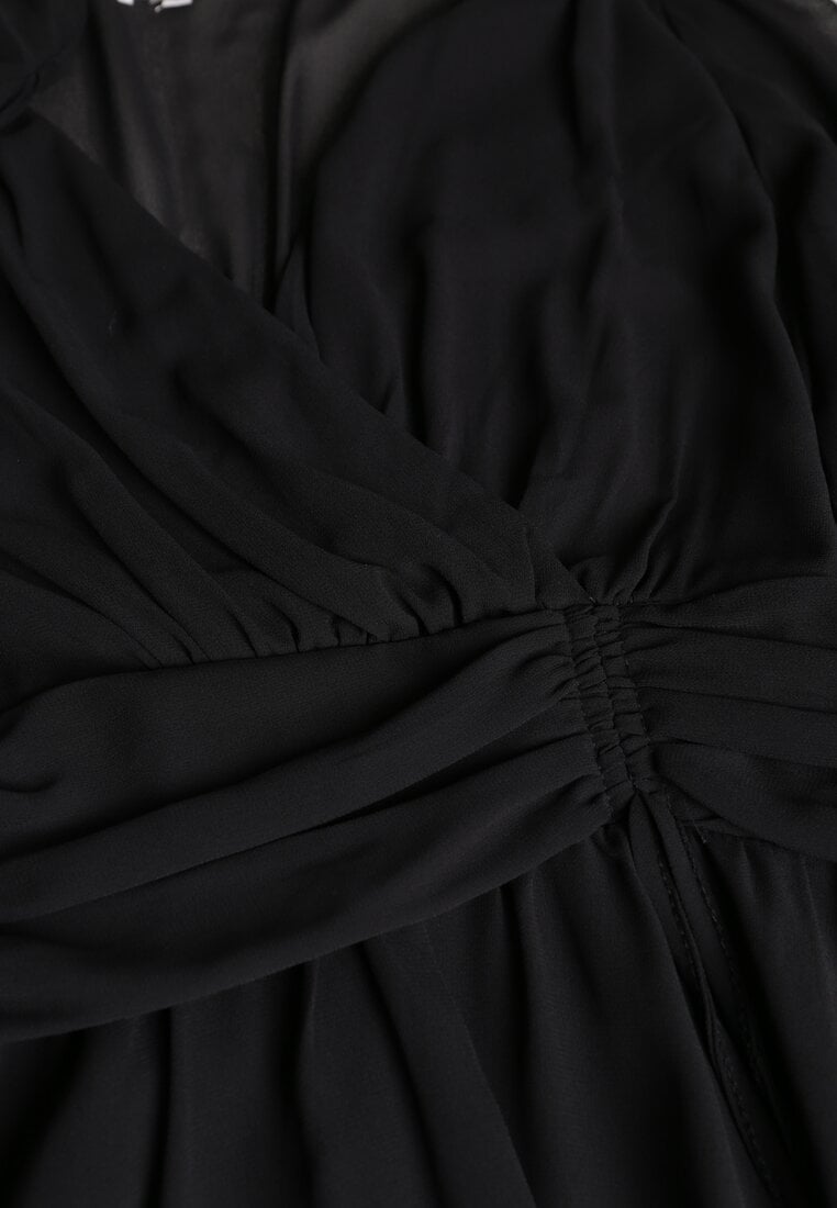 Czarna Rozkloszowana Sukienka z Siateczki z Kopertowym Dekoltem Zenessa