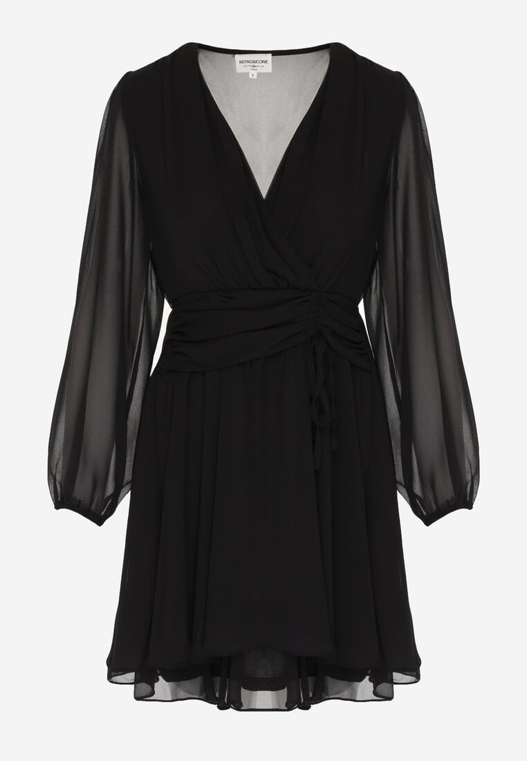 Czarna Rozkloszowana Sukienka z Siateczki z Kopertowym Dekoltem Zenessa