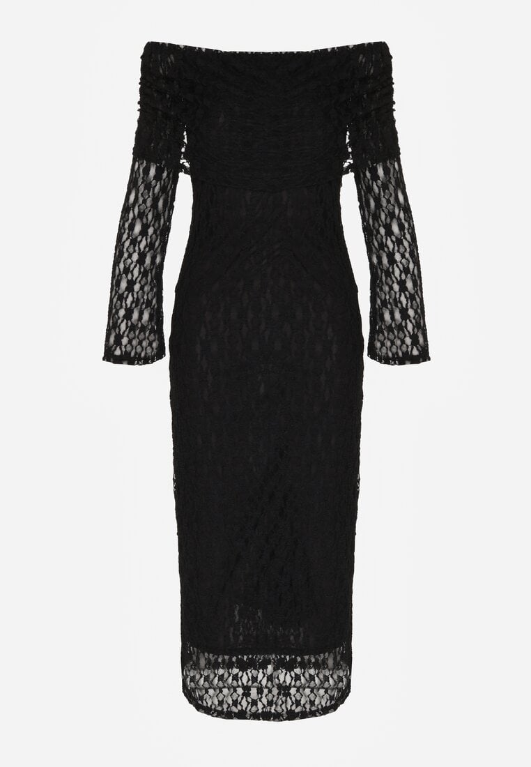 Czarna Koktajlowa Sukienka z Odkrytymi Ramionami z Koronki Eperrie