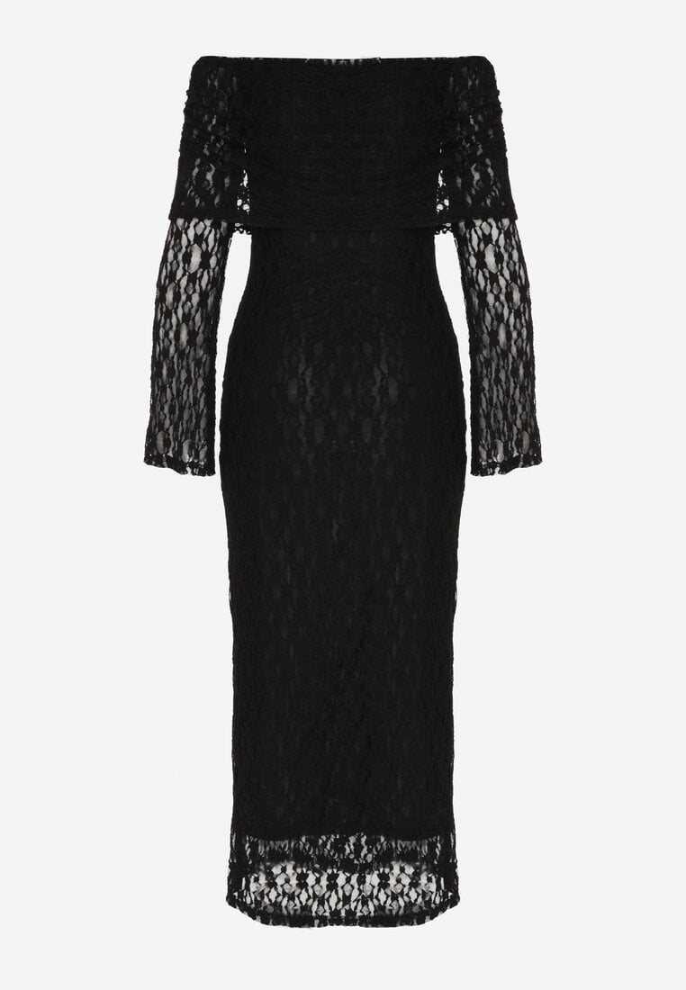 Czarna Koktajlowa Sukienka z Odkrytymi Ramionami z Koronki Eperrie