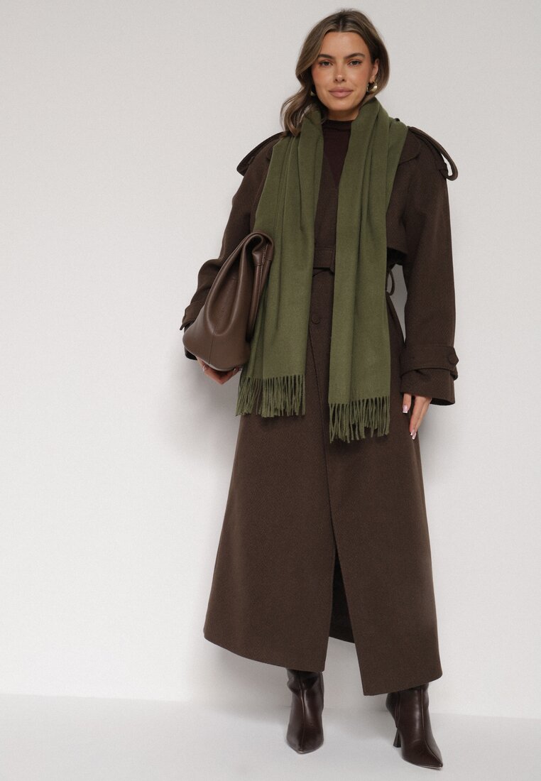 Ciemnozielony Szalik z Bawełną i Wiskozą Ozdobiony Frędzlami Siadortia