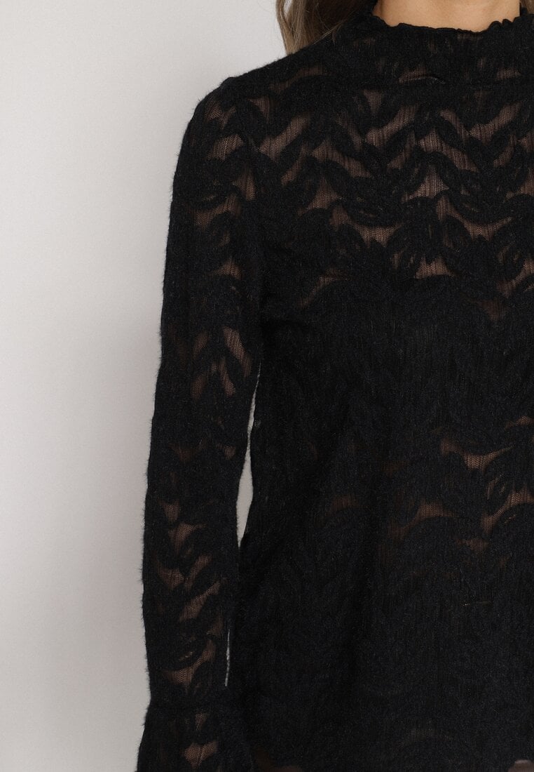 Czarna Koronkowa Bluzka ze Stójką i Rozszerzanymi Rękawami Nefina