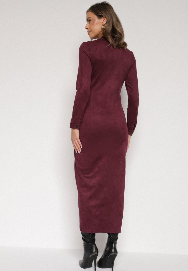 Bordowa Koszulowa Sukienka z Imitacji Zamszu z Marszczeniem w Talii Eselea