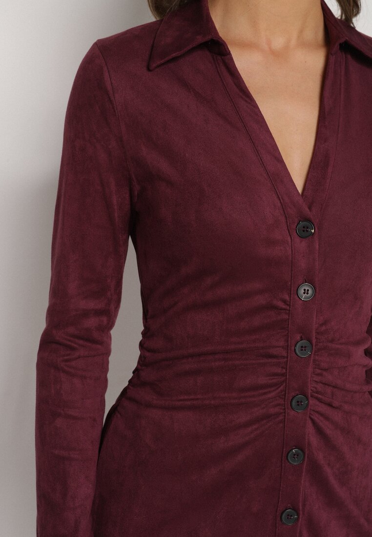 Bordowa Koszulowa Sukienka z Imitacji Zamszu z Marszczeniem w Talii Eselea