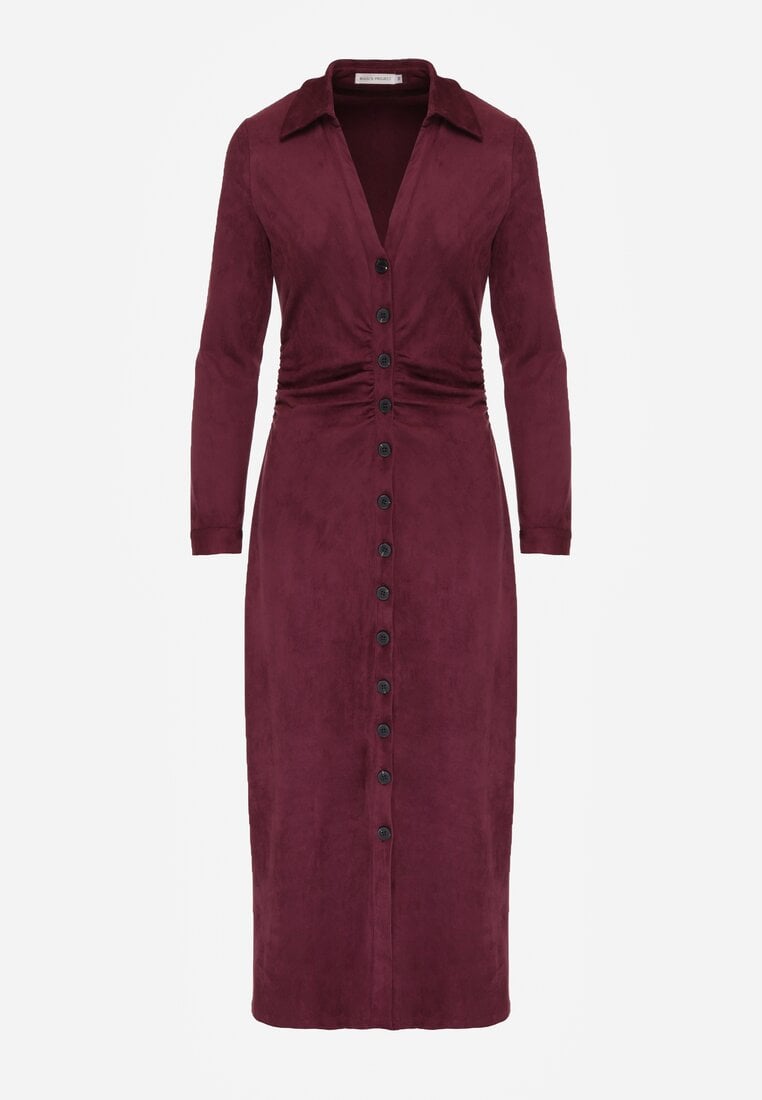 Bordowa Koszulowa Sukienka z Imitacji Zamszu z Marszczeniem w Talii Eselea