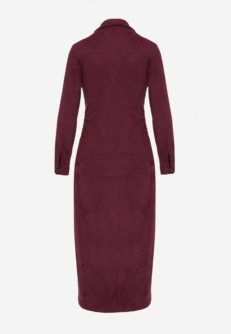 Bordowa Koszulowa Sukienka z Imitacji Zamszu z Marszczeniem w Talii Eselea