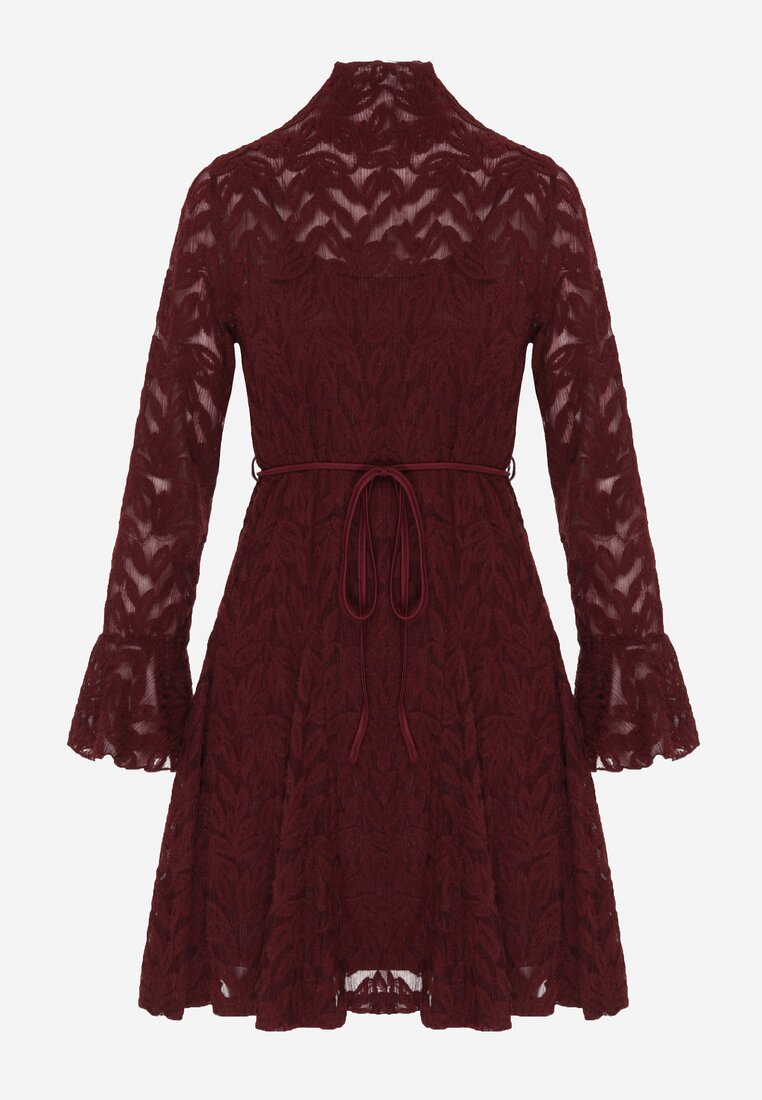 Bordowa Koronkowa Sukienka z Wiązaniem Półgolfem i Falbankami Alnefera