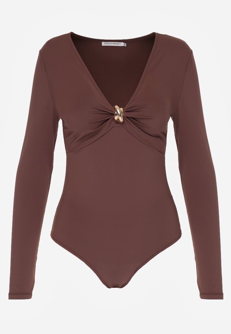 Brązowe Body Ozdobione Aplikacją i Marszczeniem przy Dekolcie Ferenice