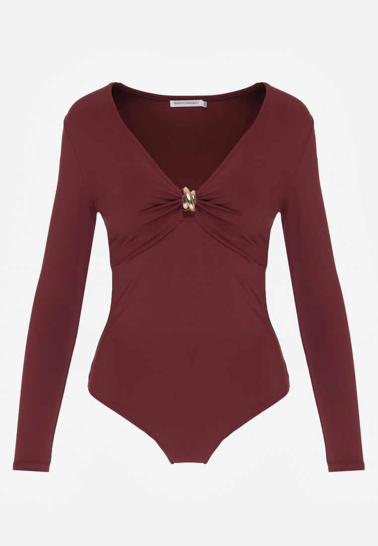 Bordowe Body Ozdobione Aplikacją i Marszczeniem przy Dekolcie Ferenice