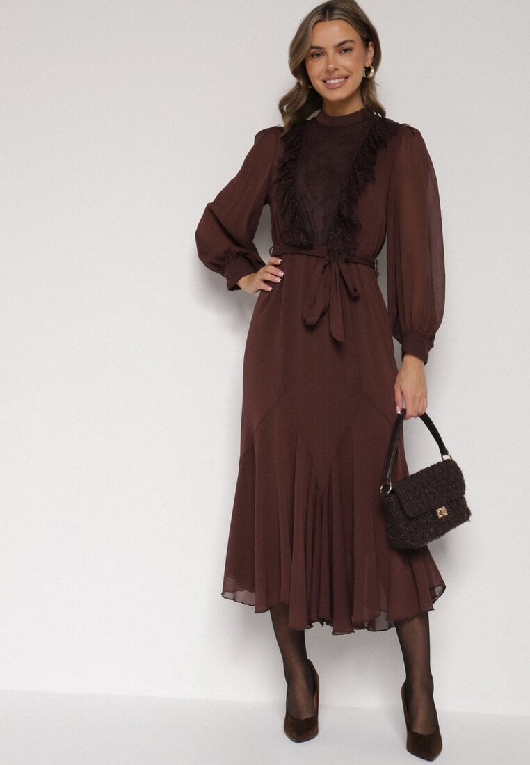 Brązowa Elegancka Sukienka z Bufiastymi Rękawami i Koronkowymi Falbankami Sewlina