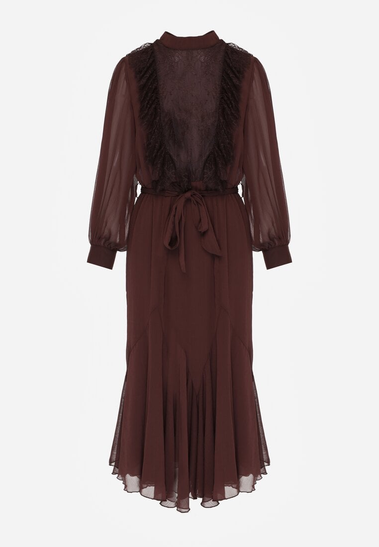 Brązowa Elegancka Sukienka z Bufiastymi Rękawami i Koronkowymi Falbankami Sewlina