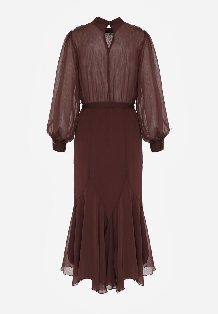 Brązowa Elegancka Sukienka z Bufiastymi Rękawami i Koronkowymi Falbankami Sewlina