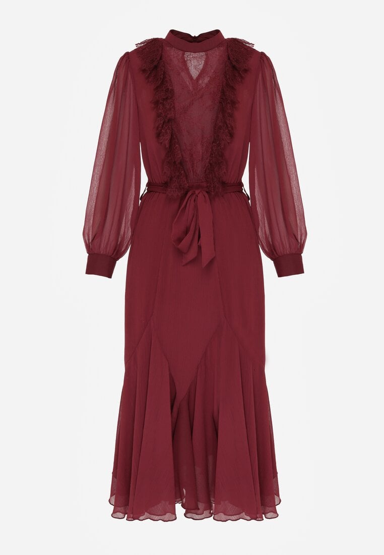 Bordowa Elegancka Sukienka z Bufiastymi Rękawami i Koronkowymi Falbankami Sewlina