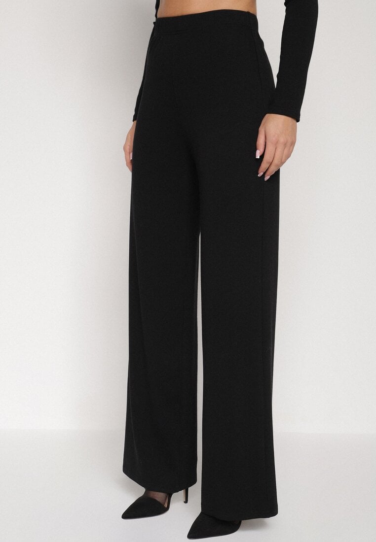 Czarny Bawełniany Komplet Kopertowa Bluzka z Długim Rękawem i Spodnie Ferenna