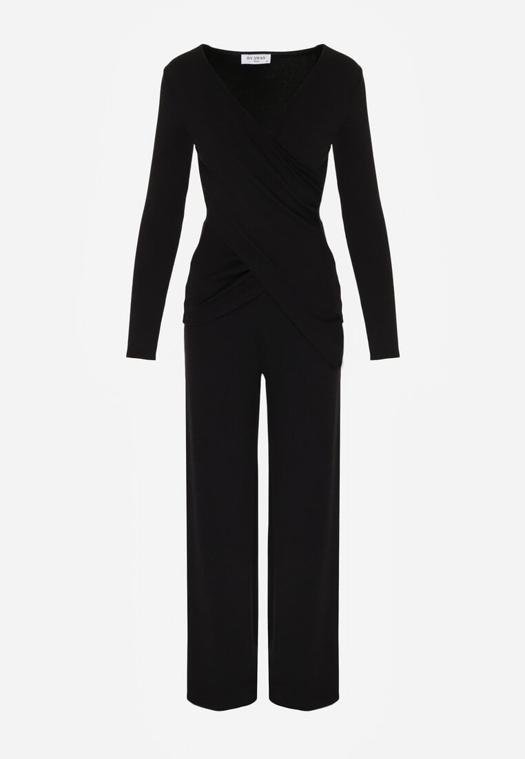 Czarny Bawełniany Komplet Kopertowa Bluzka z Długim Rękawem i Spodnie Ferenna