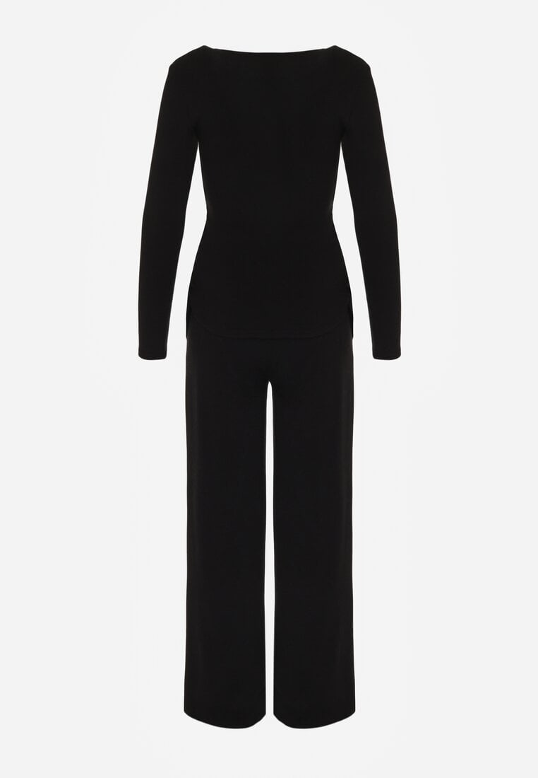 Czarny Bawełniany Komplet Kopertowa Bluzka z Długim Rękawem i Spodnie Ferenna