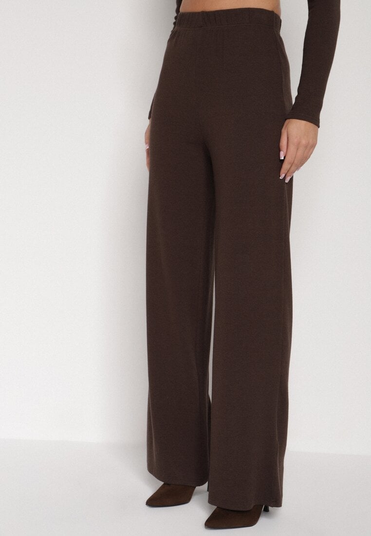 Brązowy Bawełniany Komplet Kopertowa Bluzka z Długim Rękawem i Spodnie Ferenna