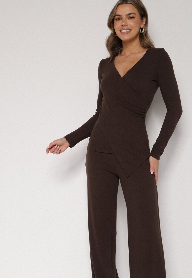 Brązowy Bawełniany Komplet Kopertowa Bluzka z Długim Rękawem i Spodnie Ferenna