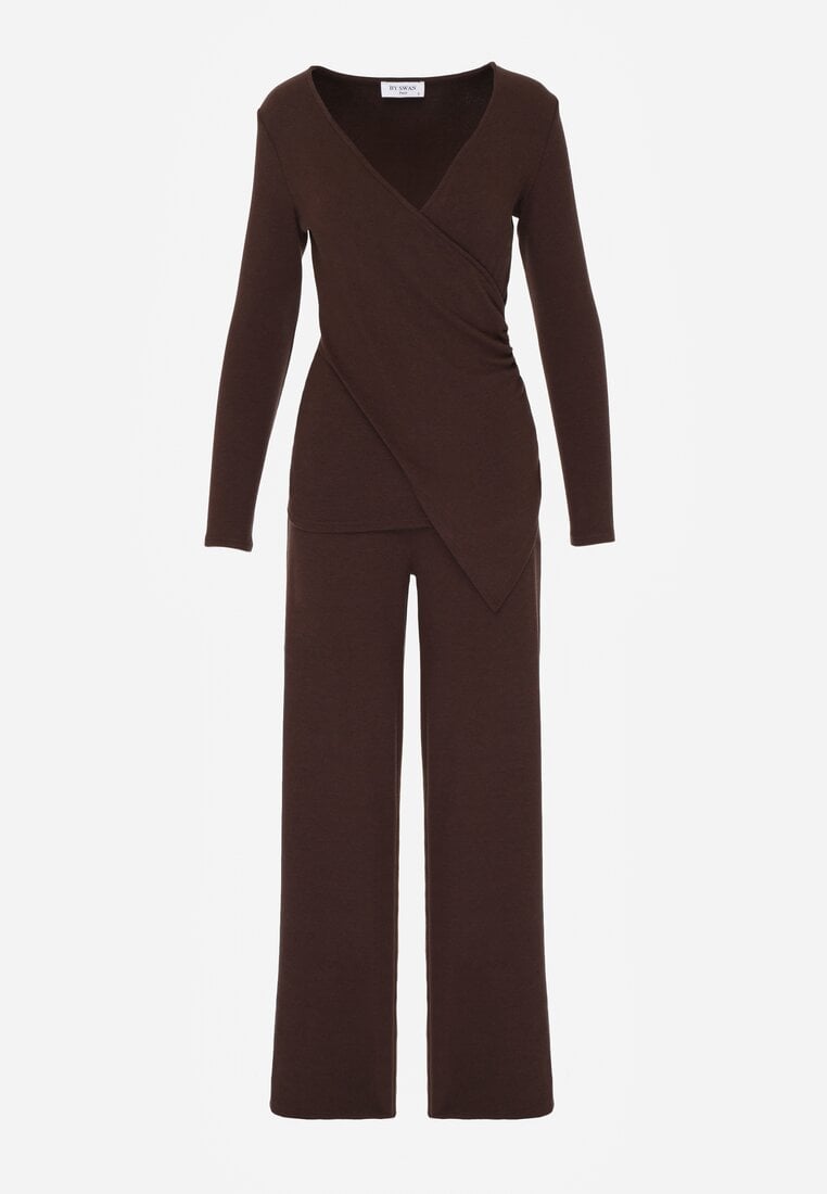 Brązowy Bawełniany Komplet Kopertowa Bluzka z Długim Rękawem i Spodnie Ferenna