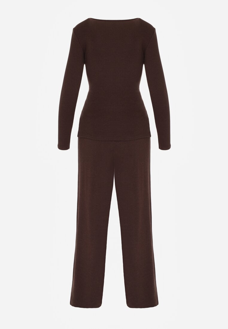 Brązowy Bawełniany Komplet Kopertowa Bluzka z Długim Rękawem i Spodnie Ferenna