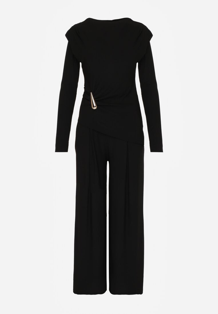 Czarny Elegancki Komplet Szerokie Spodnie i Bluzka z Usztywnianymi Ramionami Sewesta