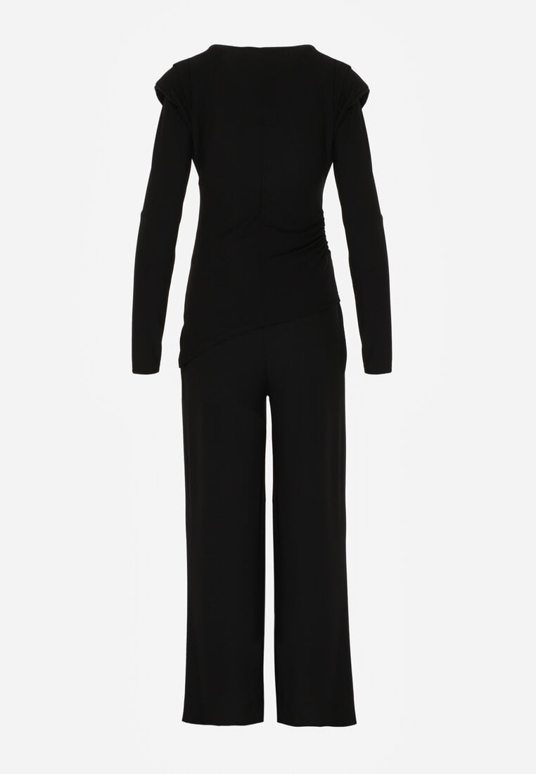 Czarny Elegancki Komplet Szerokie Spodnie i Bluzka z Usztywnianymi Ramionami Sewesta