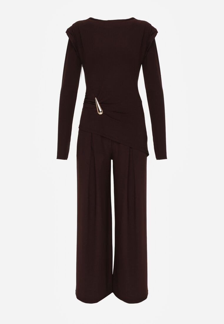 Brązowy Elegancki Komplet Szerokie Spodnie i Bluzka z Usztywnianymi Ramionami Sewesta