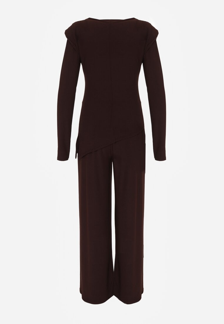 Brązowy Elegancki Komplet Szerokie Spodnie i Bluzka z Usztywnianymi Ramionami Sewesta