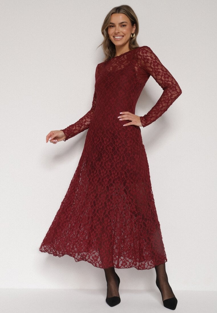 Bordowa Koronkowa Sukienka Taliowana z Odkrytymi Plecami Talifera