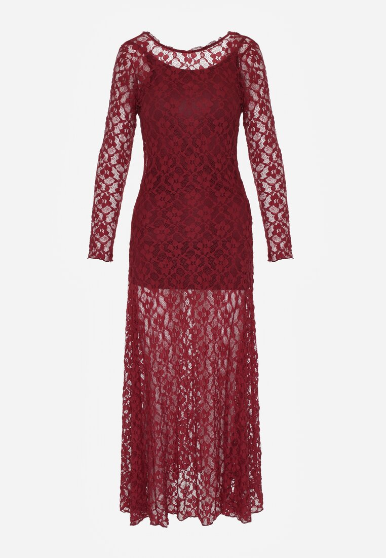 Bordowa Koronkowa Sukienka Taliowana z Odkrytymi Plecami Talifera