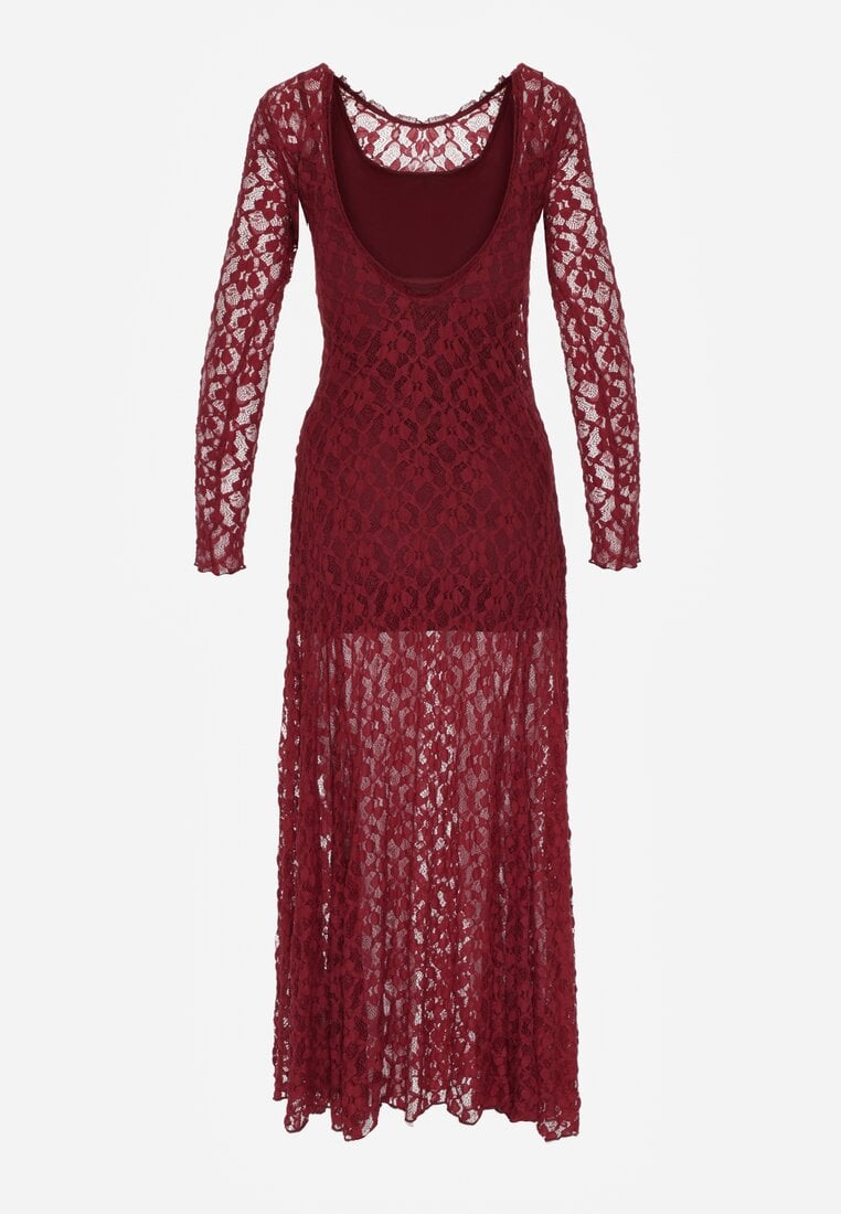Bordowa Koronkowa Sukienka Taliowana z Odkrytymi Plecami Talifera