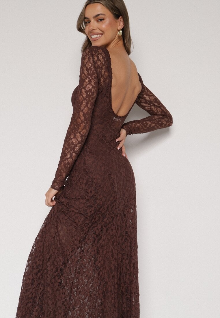 Brązowa Koronkowa Sukienka Taliowana z Odkrytymi Plecami Talifera