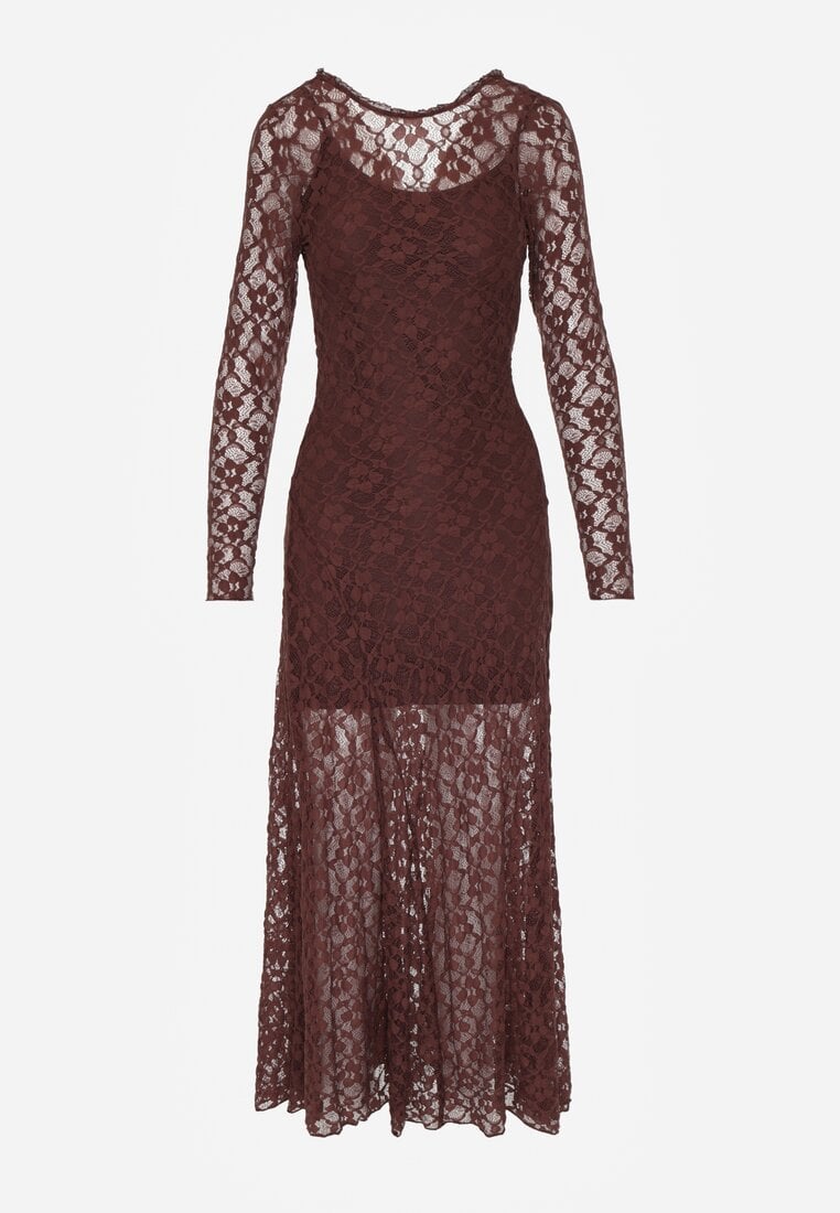 Brązowa Koronkowa Sukienka Taliowana z Odkrytymi Plecami Talifera