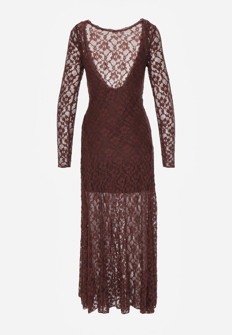 Brązowa Koronkowa Sukienka Taliowana z Odkrytymi Plecami Talifera