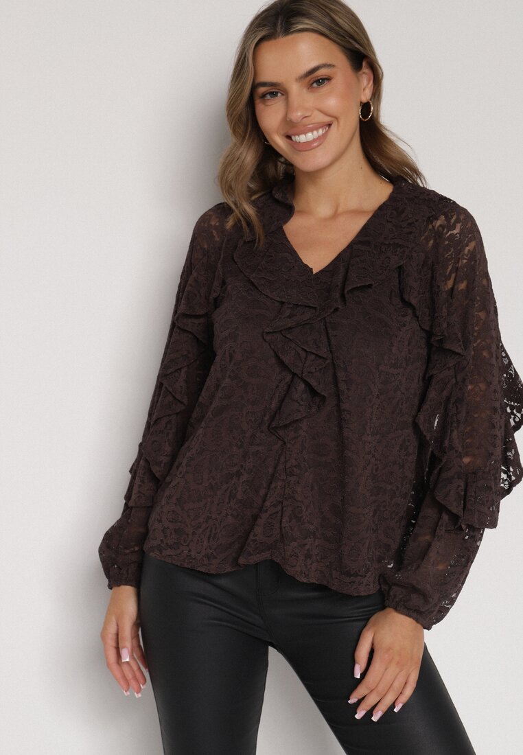Brązowa Bluzka z Koronki Ozdobiona Falbankami Sewola
