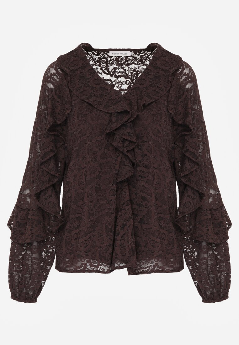 Brązowa Bluzka z Koronki Ozdobiona Falbankami Sewola
