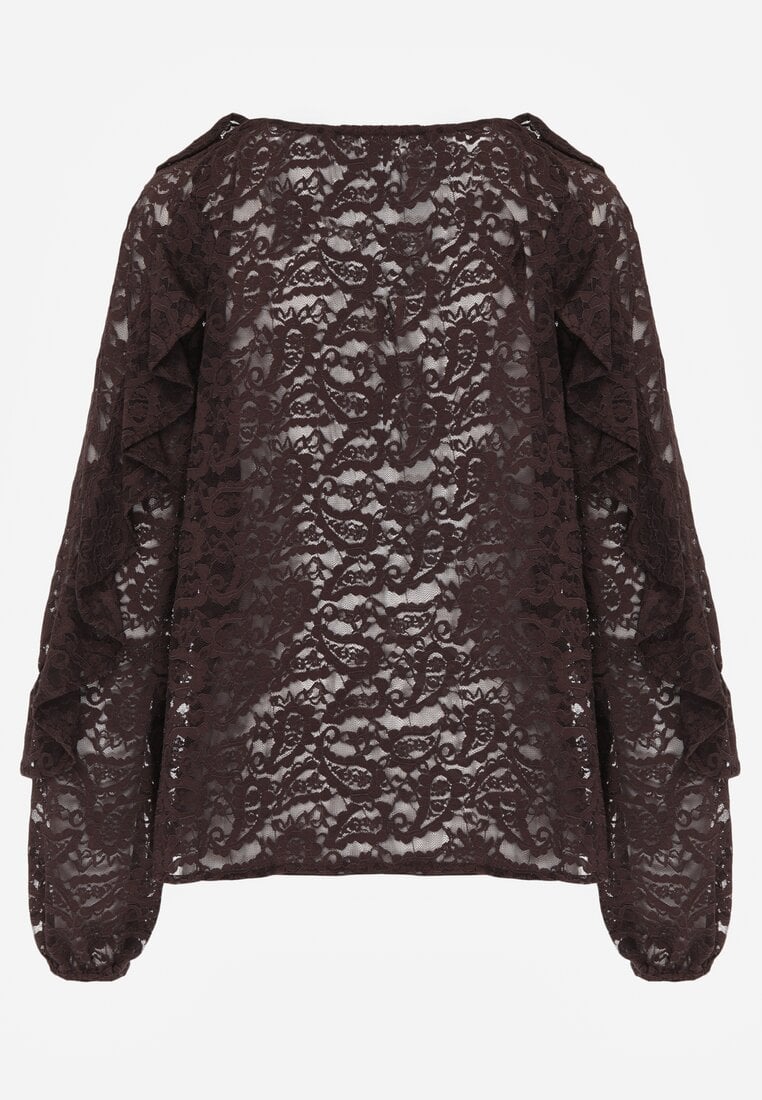 Brązowa Bluzka z Koronki Ozdobiona Falbankami Sewola
