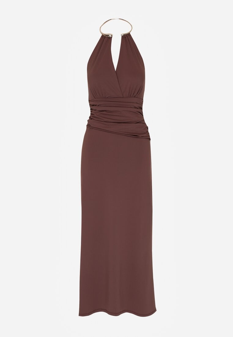 Brązowa Sukienka Koktajlowa z Dekoltem Halter i Odkrytymi Plecami Sewrina