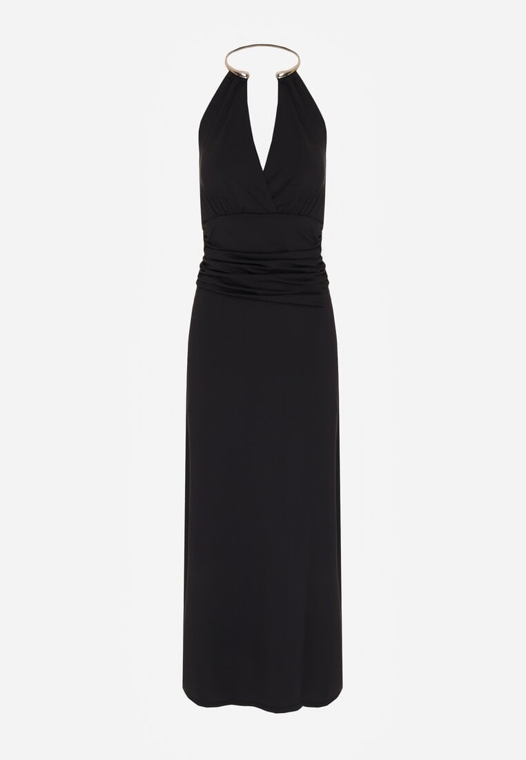 Czarna Sukienka Koktajlowa z Dekoltem Halter i Odkrytymi Plecami Sewrina