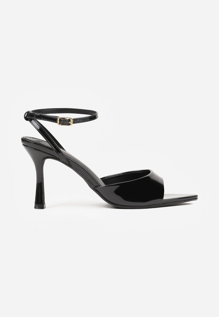 Czarne Lakierowane Sandały na Szpilce z Paseczkiem wokół Kostki Reafera