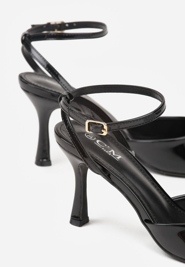 Czarne Lakierowane Sandały na Szpilce z Paseczkiem wokół Kostki Reafera