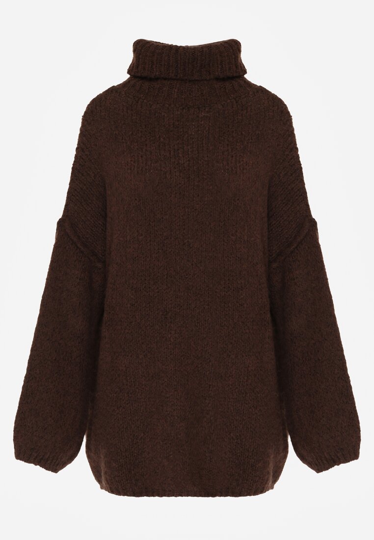 Brązowy Gładki Golf Oversize z Domieszką Wełny i Wiskozy Nerafera