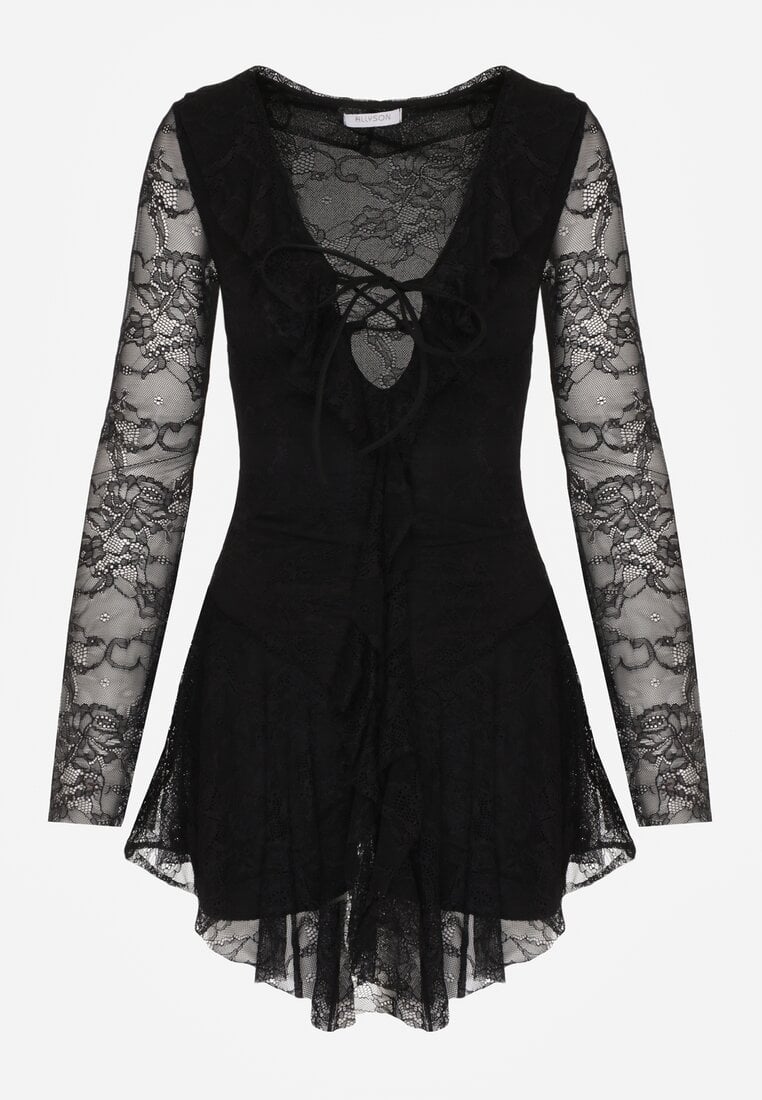 Czarna Koronkowa Sukienka Wieczorowa z Wiązaniem przy Dekolcie Ferolena