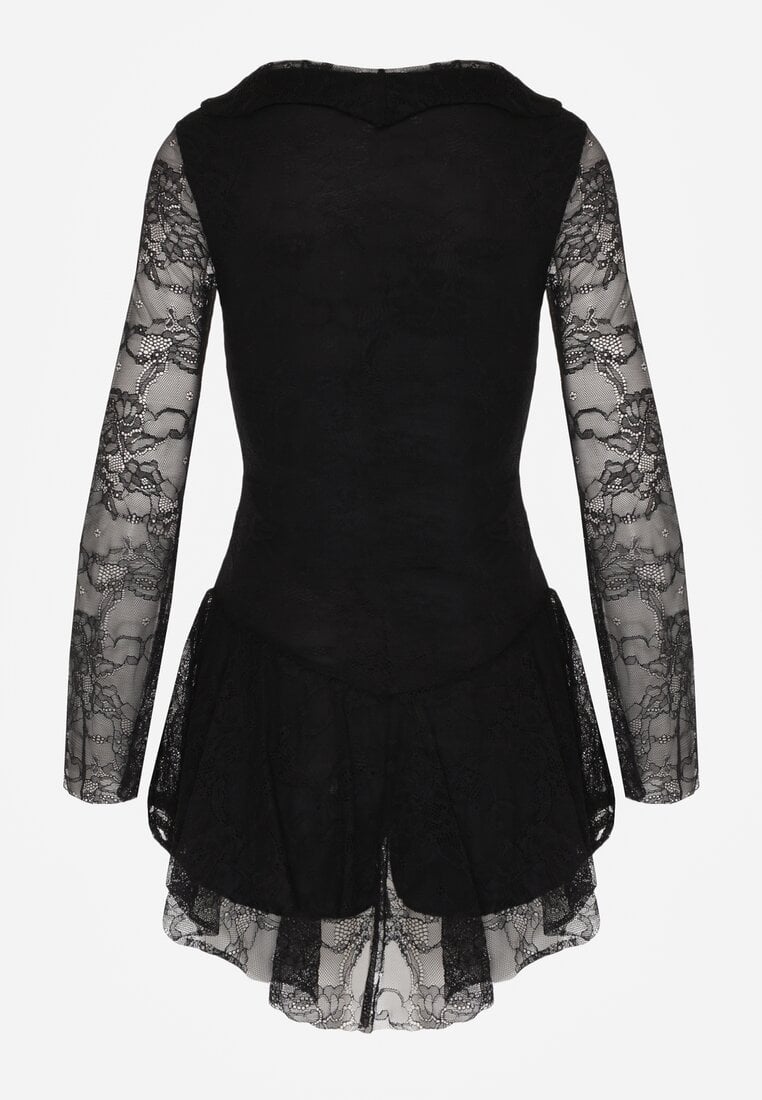 Czarna Koronkowa Sukienka Wieczorowa z Wiązaniem przy Dekolcie Ferolena