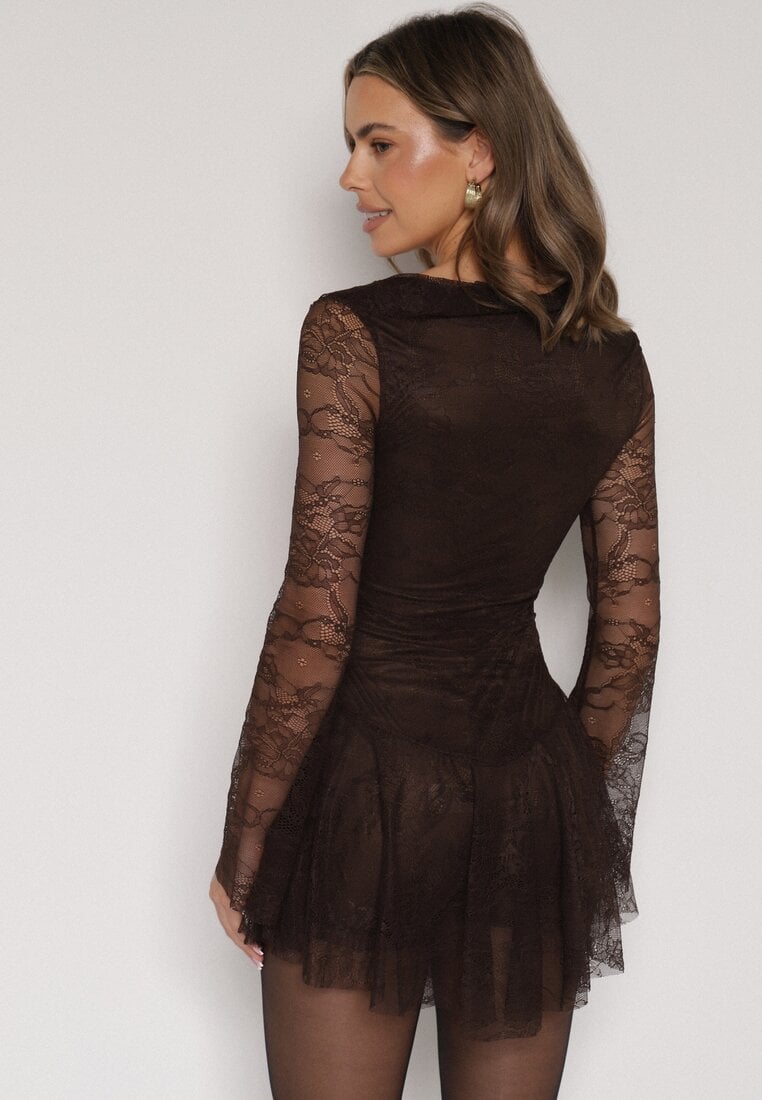 Brązowa Koronkowa Sukienka Wieczorowa z Wiązaniem przy Dekolcie Ferolena