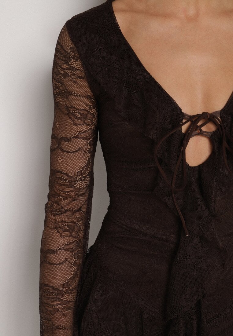 Brązowa Koronkowa Sukienka Wieczorowa z Wiązaniem przy Dekolcie Ferolena