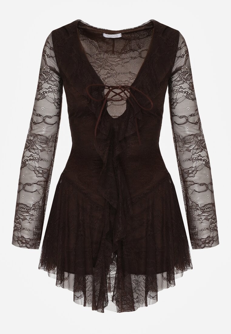 Brązowa Koronkowa Sukienka Wieczorowa z Wiązaniem przy Dekolcie Ferolena