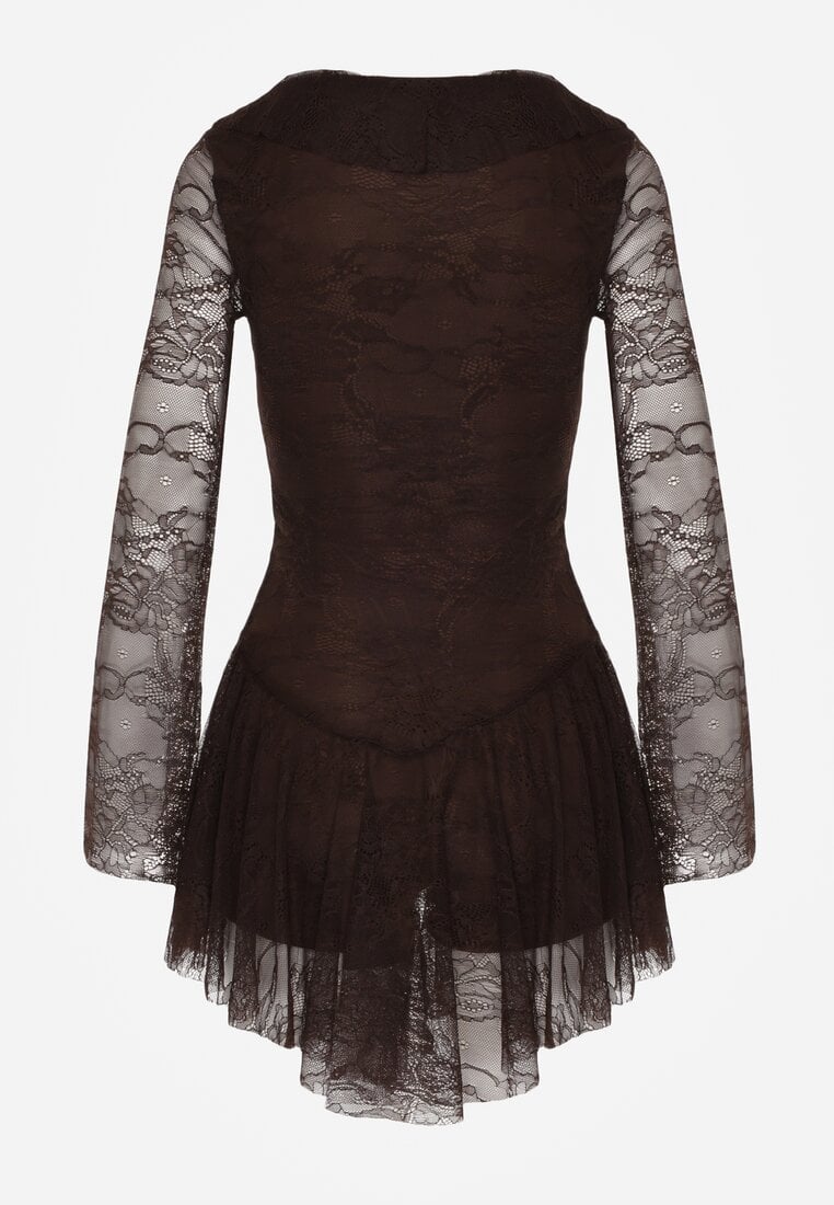 Brązowa Koronkowa Sukienka Wieczorowa z Wiązaniem przy Dekolcie Ferolena